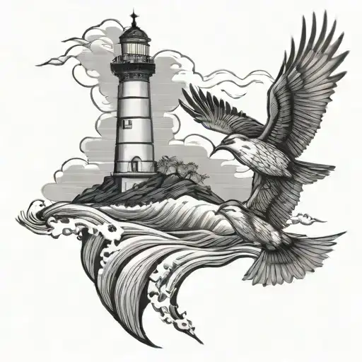 Waves Lighthouse Birds Flying Away