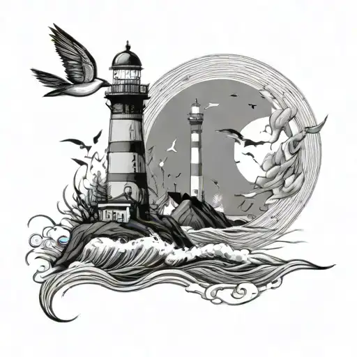 Waves Lighthouse Birds Flying Away Moon