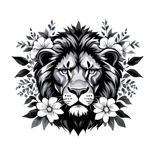 Lion Face And Flowers