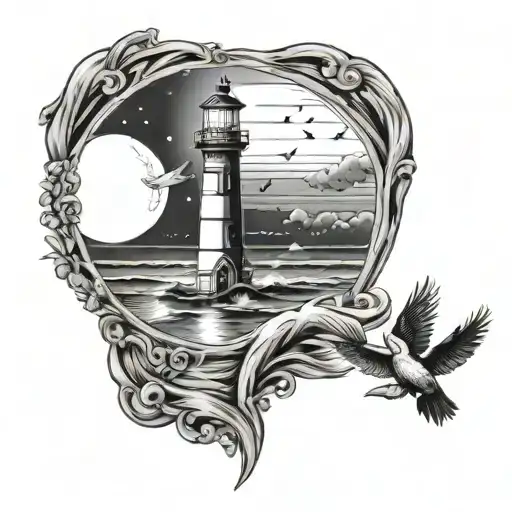 Waves Lighthouse Birds Flying Away Moon Mirror Reflection