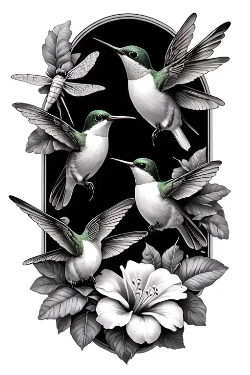 2 Hummingbirds 2 Dragonflies And Hibicus Flowers Growing