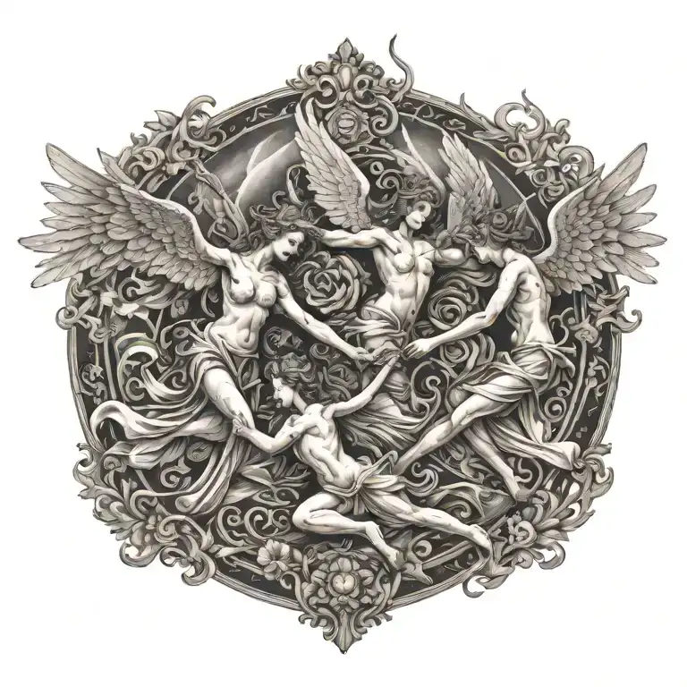 Angels Fighting Against Demons Flying