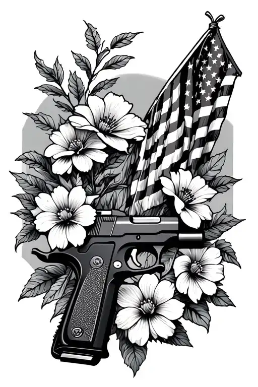 Flowers With Gun And Nature With American Flag