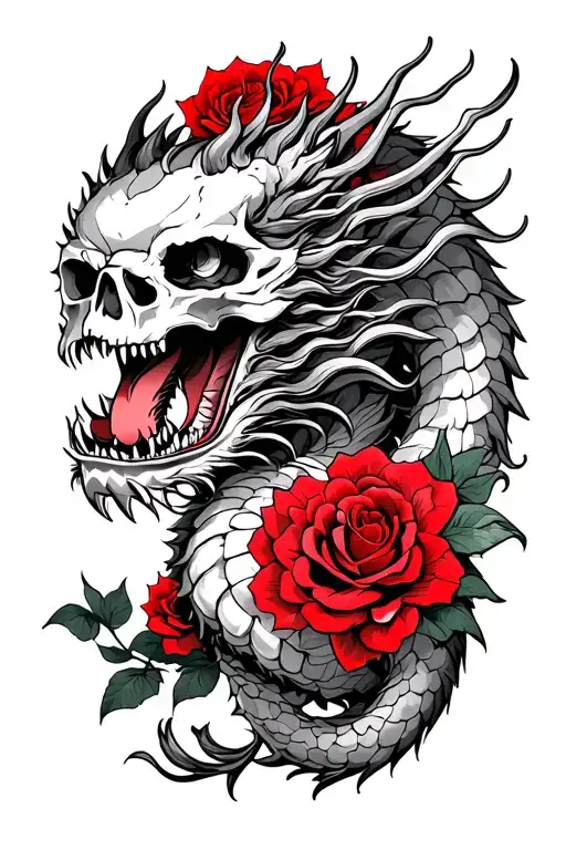 Japanese Dragon Wrapped With Skulls And Red Roses