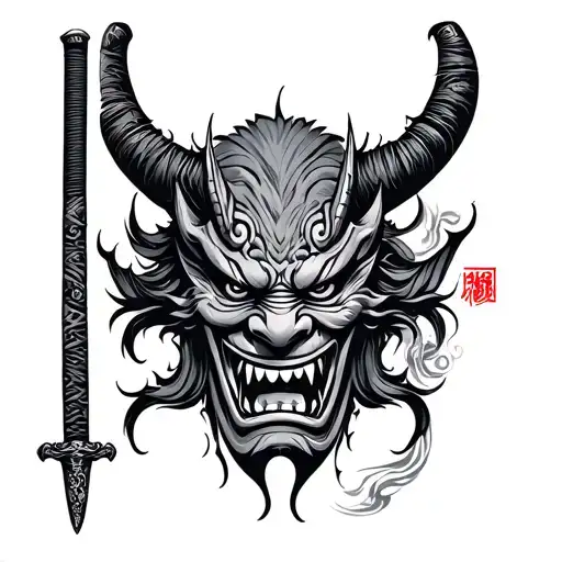 Japanese Oni Mask With Katana Sword