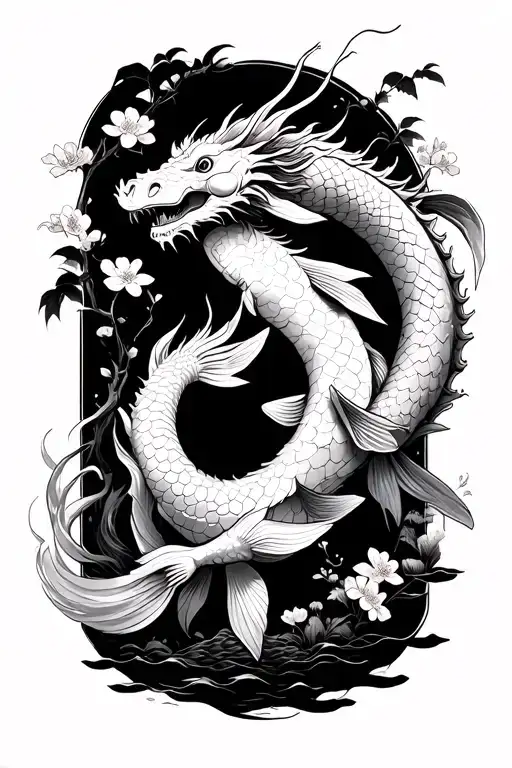 Cherry Blossom Tree And Koi Fish Transforming Into Dragon