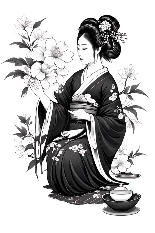 Geisha Conducting Tea Ceremony Surrounded By Flowers