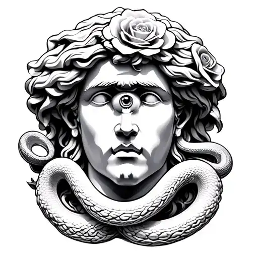 Greek Marble Head Or God With A Rose Eye And Snake Around Its Head