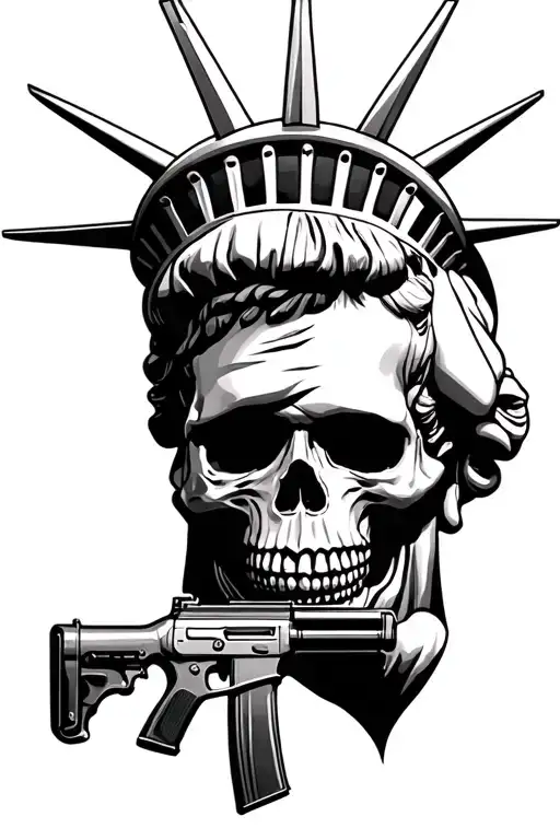 Statue Of Liberty Half Face Half Skull Holding An Ak47 With Freedom In Calligraphy At The Base
