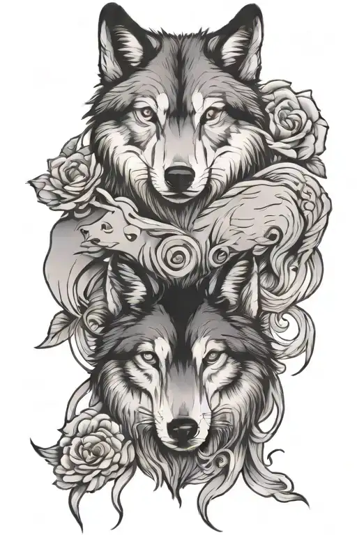 Wolf Face On One Thigh And Lamb Face On Other Thigh In Traditional Tattoo Art Style
