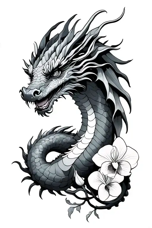 Dragon With Orchids Intertwined