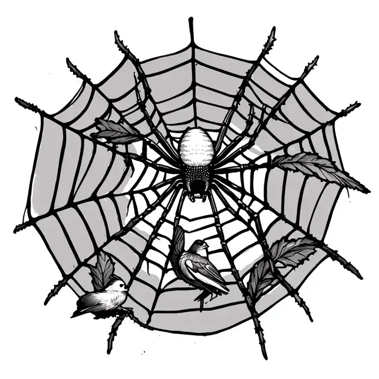 Spider In A Web That Has Caught A Bird