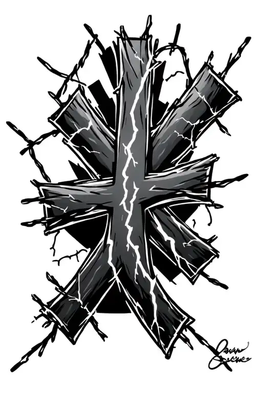 Barb Wire Cross With Lightning Striking