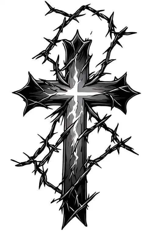 Barb Wire Cross With Lightning Striking Tattoo Design