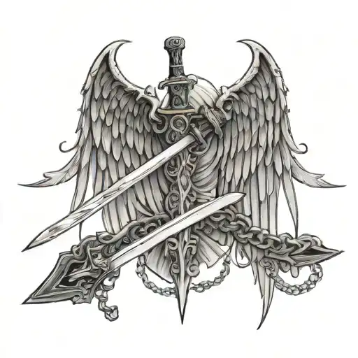 1 Angel Wing And 1 Fallen Angel Wing Between The Wings A Katana Who Is Covered In A Chain