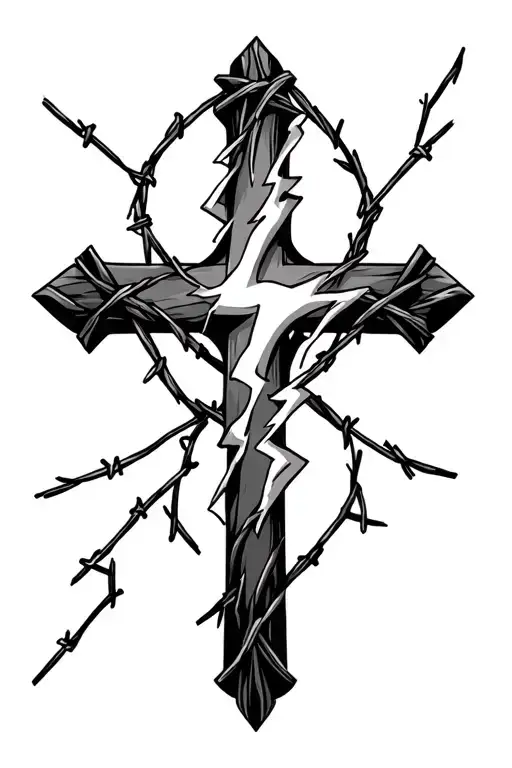 Barb Wire Around Cross With Lightning Striking Tattoo Design