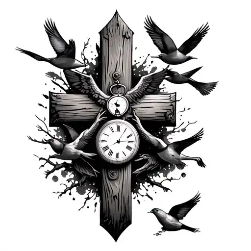 Old Wooden Cross With Dark Back Ground With Birds Flying Around And Pocket Watch As A Main Thing
