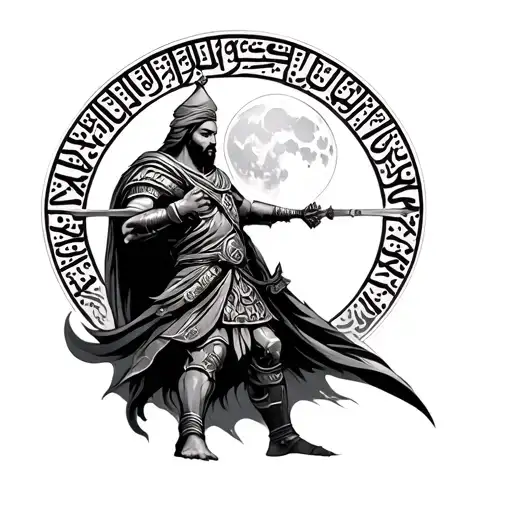 Persian Warrior With An Arc Of Arab Letters Behind And A Moon
