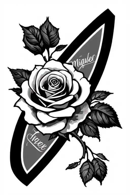 Miguel Name Cursive And Rose Tattoo Featuring