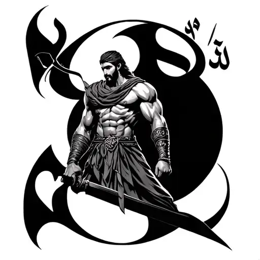 Persian Muscular Warrior With An Arc Of Arab Letters Behind And A Moon