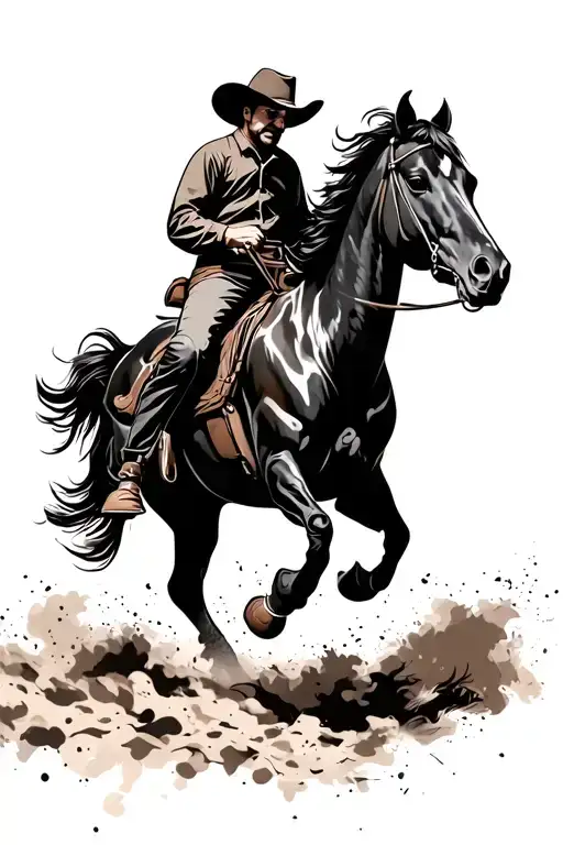 A Cowboy Riding A Black Tough Looking Horse Galloping