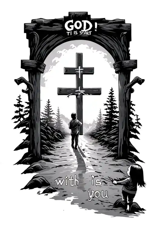 Cross And Road Leading Toward A Cross With A Kid On The Start Saying God Is With You