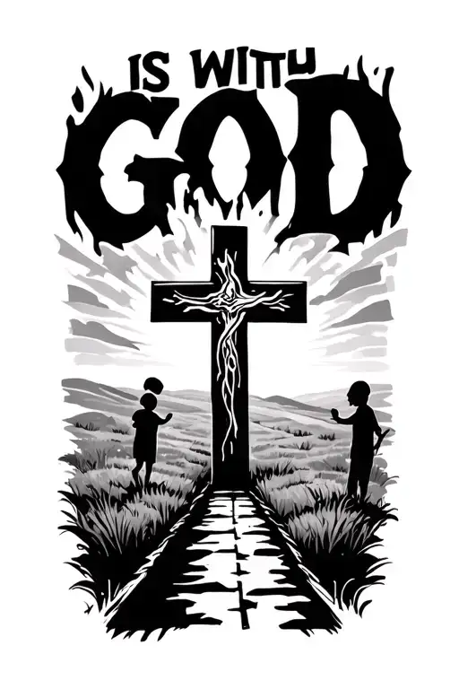 Cross And Road Leading Toward A Cross With A Kid On The Start Saying God Is With You