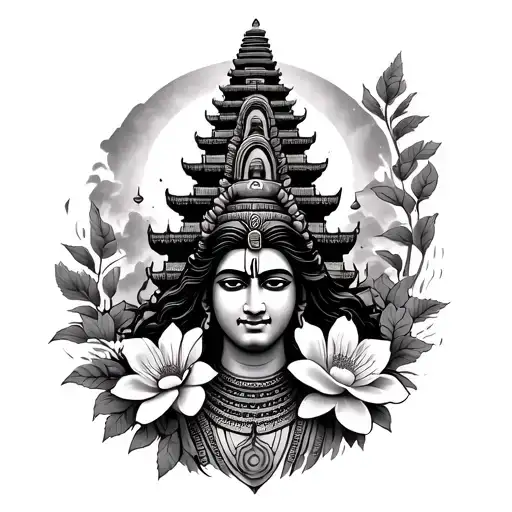 Nepali Temple With Shiva And Messi Flower Tattoo On Forearm