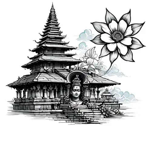 Nepali Temple With Small Shiva And Messi Flower Tattoo On Forearm