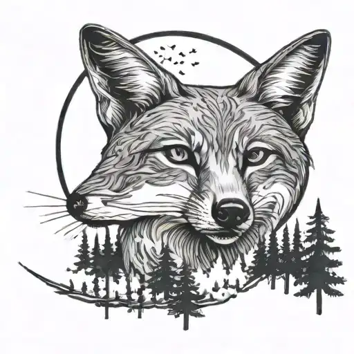 The Moon With A Fox Sitting On It Against The Backdrop Of A Forest