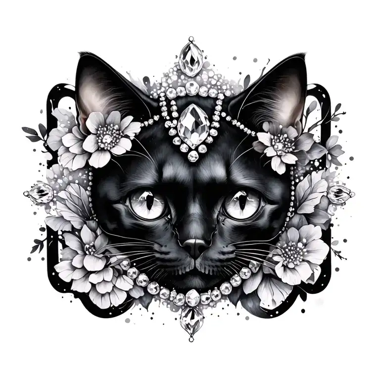 Frame Black Cat Skull With Eyes Floral Beads Water Color Abstract Symmetrical Jewels Splatter