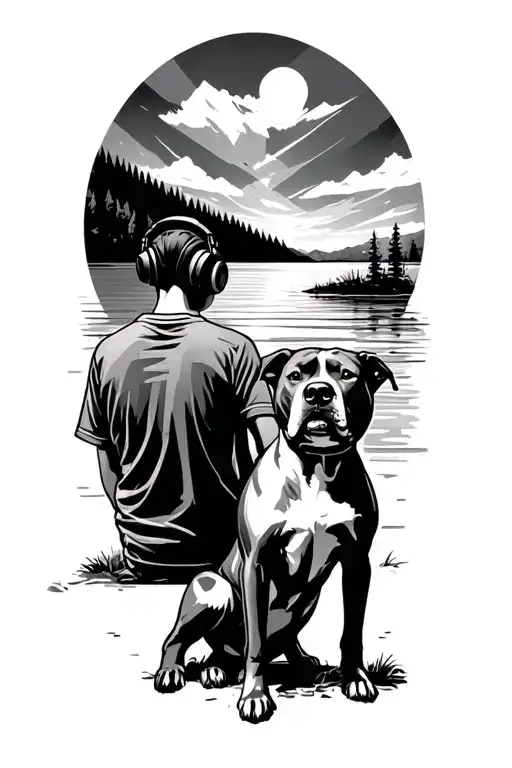 Boy With Headphones Sitting Next To Pitbull Dog Facing A Lake With Mountains