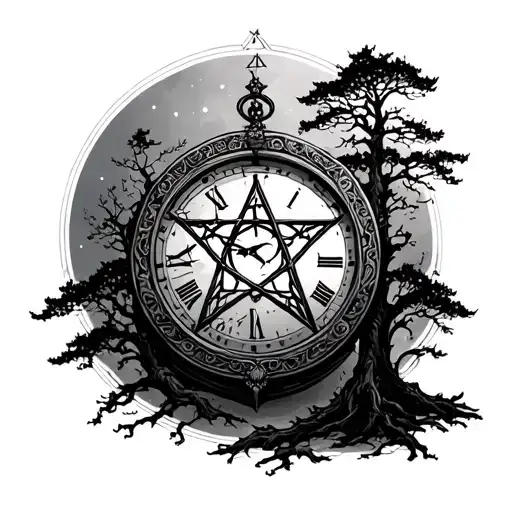 Clock And Trees Pentagrams In The Night