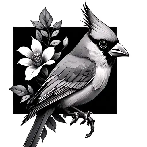 Neo Traditional Cardinal With Black And Grey Realism Flowers