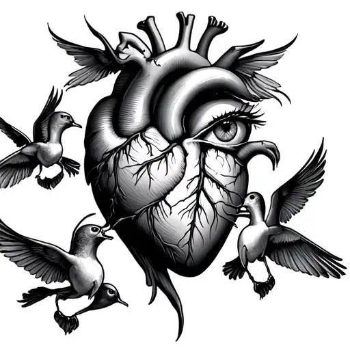 Heart In Anatomy With 2 Eyes Surrounded And 2 Swallows In The Other Side