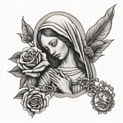 Virgin Mary With Roses And Jesus Christ With A Rosary