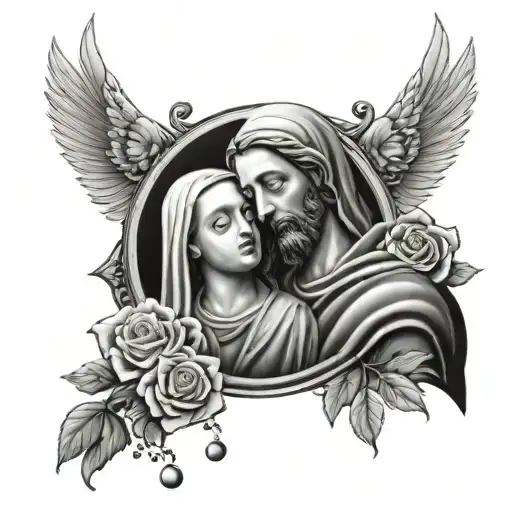 Virgin Mary And Jesus Christ With Roses And A Rosary