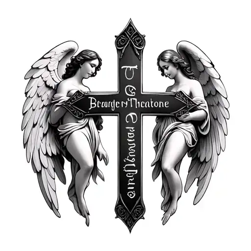 A Cross With 4 Names Incorporated Into The Design And Angels
