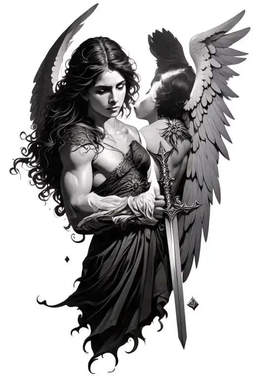 Male And Femal Angel Holding Sword