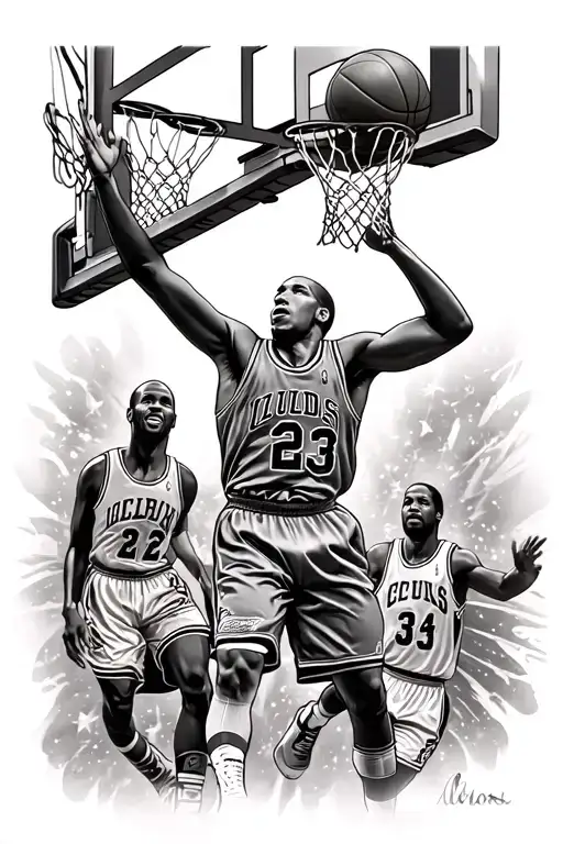 Michael Jordan Dunking Blended With Other Legendary Basketball Players For A Sleeve