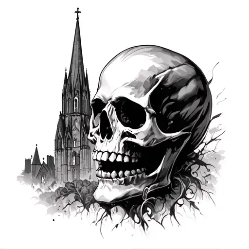 Skull With Cathedral Background Black And White
