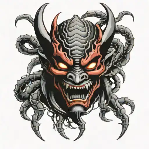 Black And Crimson Hannya Mask With Tarantula Intertwined