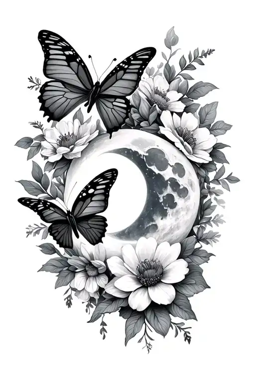 Butterflies And Flowers With Moon