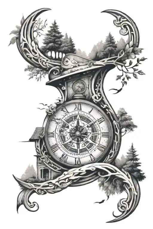 Horseshoe Compass Clock Path Landscape Forest Sky Stairs Map