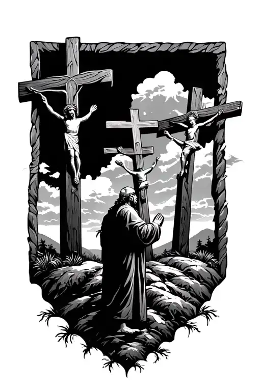 Three Crosses On The Hill Of Calvary And A Man In The Foreground Praying To The Crosses