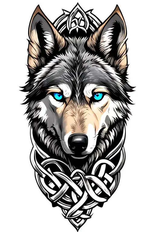 Wolf With Blue Eyes On Armor Tattoo Design Featuring Celtic Trinity Knot With Scale