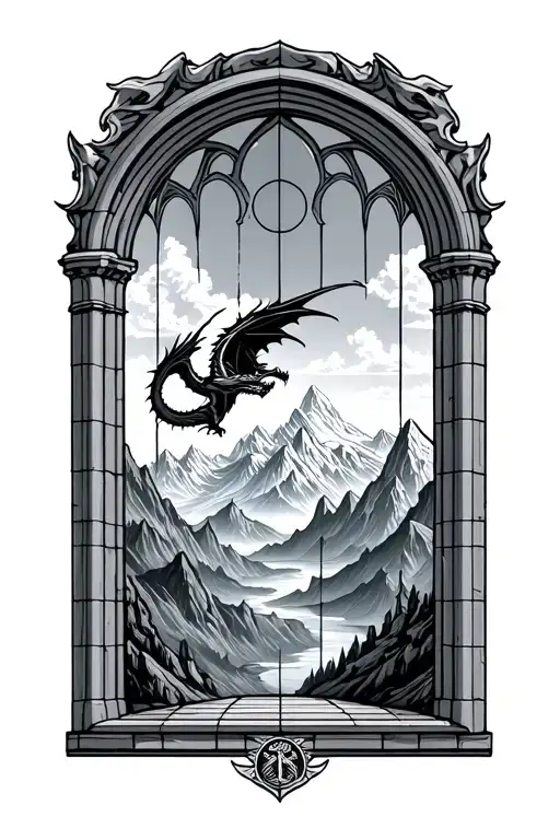 Cathedral Window With Dragon Flying Outside Over A Mountain Range