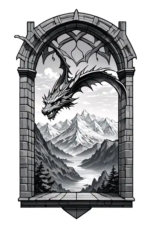 Cathedral Window With Dragon Flying Outside Over A Mountain Range