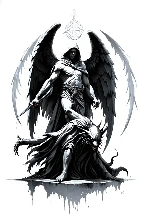 Hooded Angel Standing On A Demon Stabbing Him Both Having Large Wings