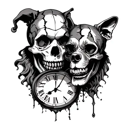 Clown Skull Broken Clock Face And Dog Skulls Facing Each Other